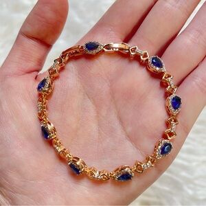 14K Gold-Plated Sapphire Blue Pear & CZ Link Tennis Bracelet